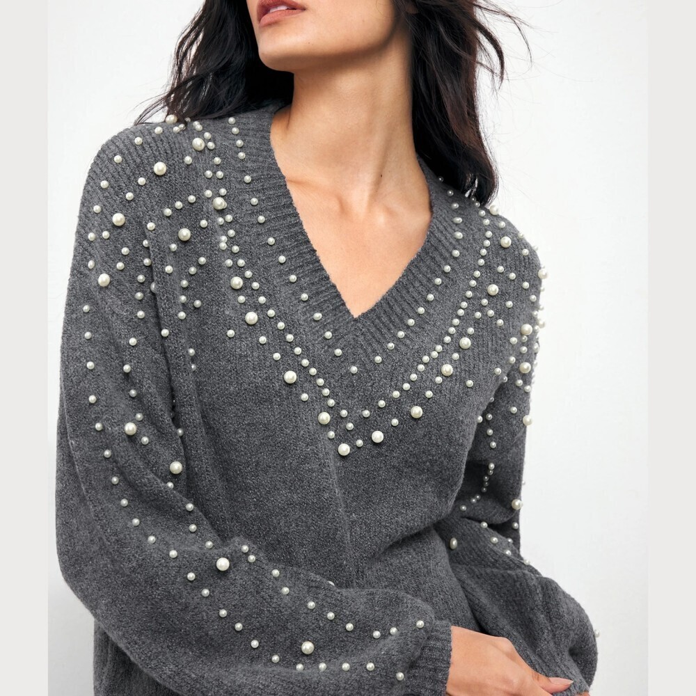 Charcoal Gray Pearl Embellished Deep V Neck Knit Sweater